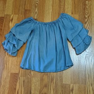 Blue off the shoulder ruffle sleeve top